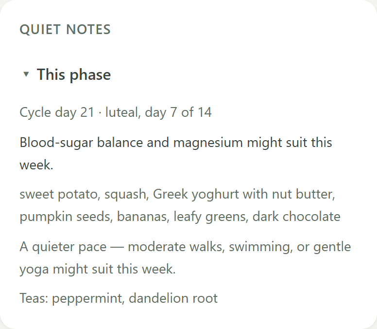 The Quiet Notes card on Today with This phase open: cycle day 21, luteal, day 7 of 14; blood-sugar balance and magnesium might suit this week; a list of foods; a quieter pace might suit this week; teas